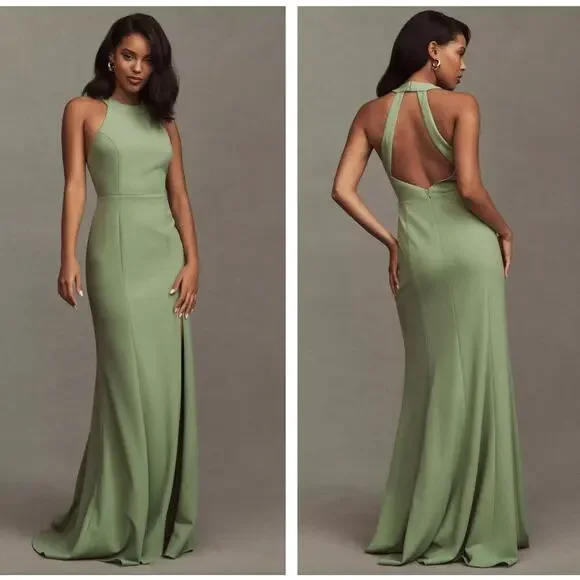 bhldn juliana high-neck side-slit stretch crepe maxi dress Green Velvet Dress – Tiny and Timeless main image 0